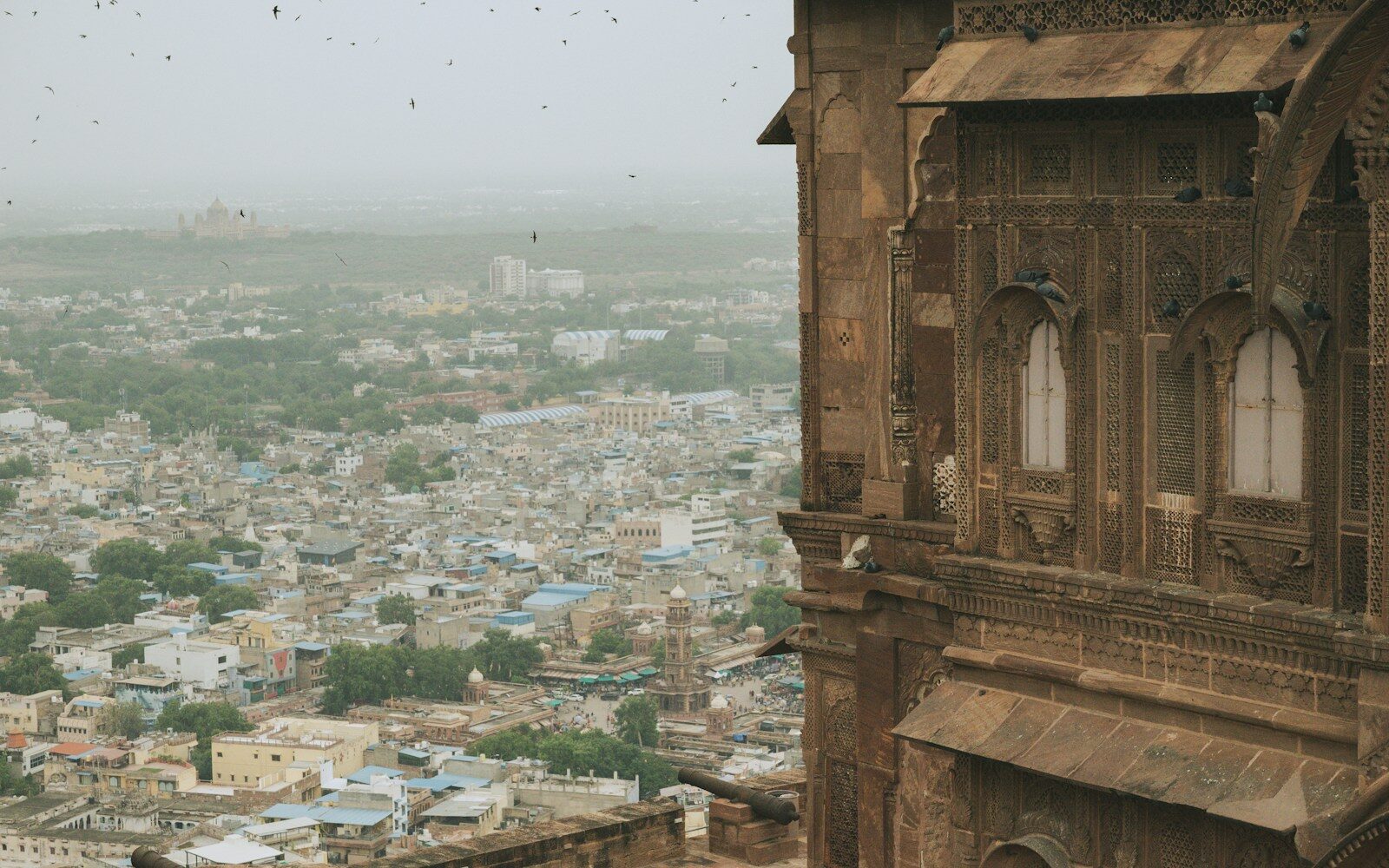 Ornate building facade overlooks a dense city landscape