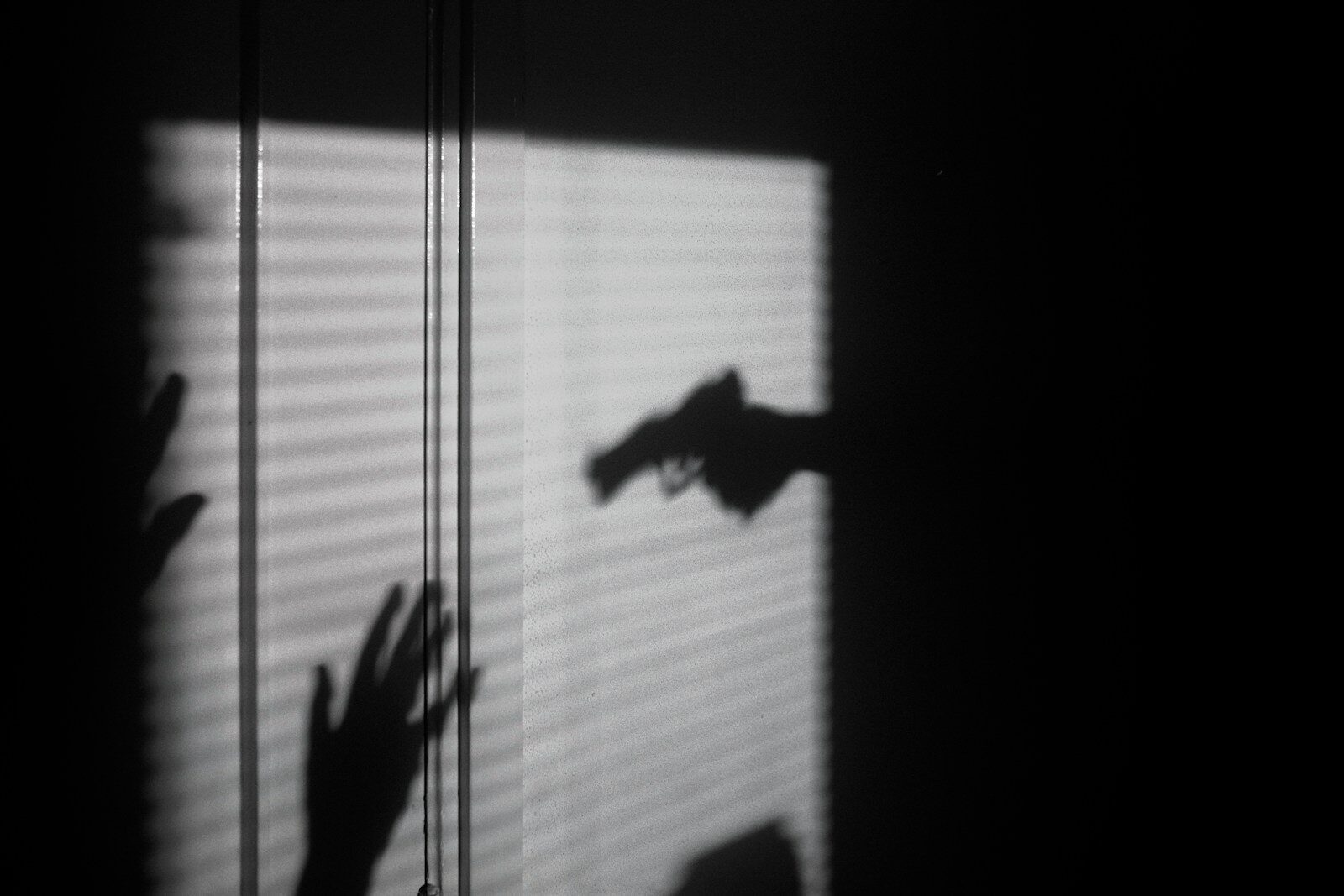 Shadows of hands and a handgun cast against a window with closed blinds