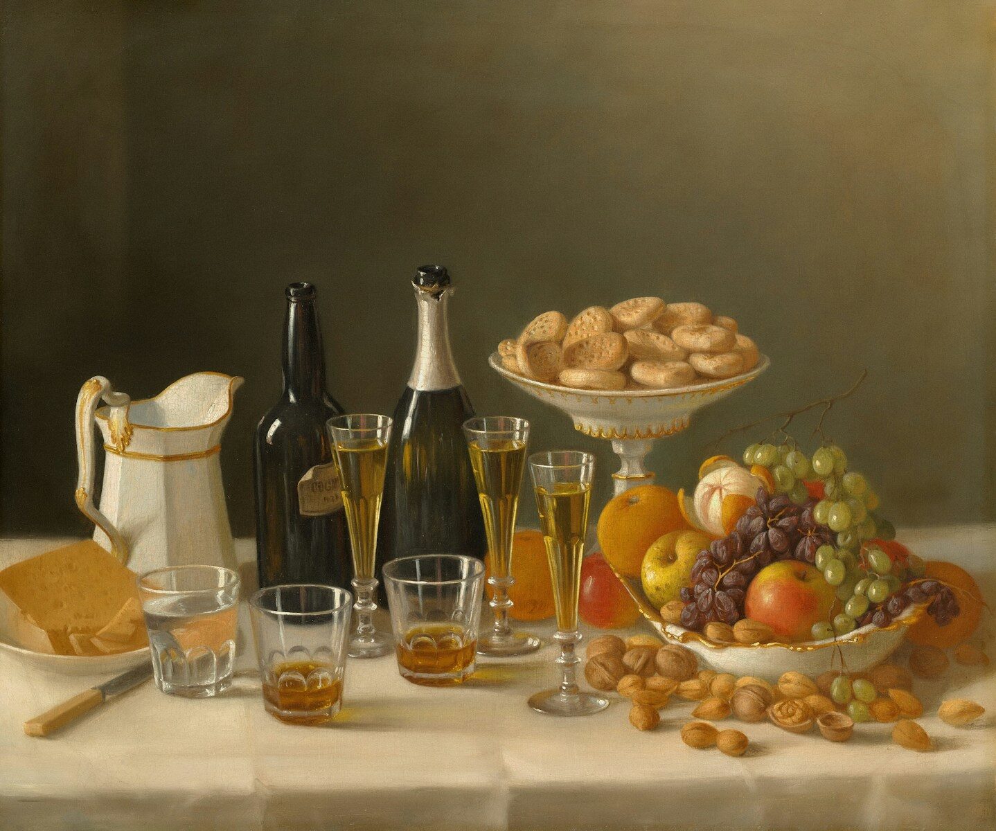 Still life with fruit, bread, and drinks